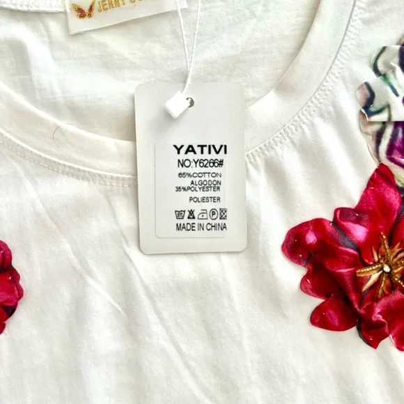 White Dress/ Tunic - Stone & Floral Satin Appliqué. NWT - M/L - Picture 10 of 11